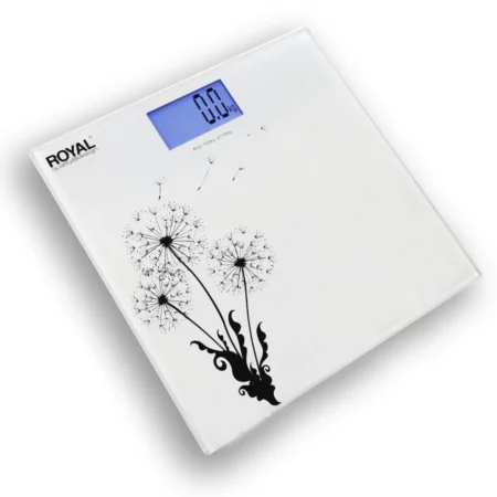 Báscula digital de baño Royal Consumer BP001 en cristal templado color blanco con pantalla LCD encendida.