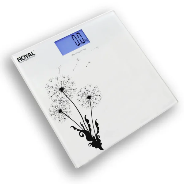 Báscula digital de baño Royal Consumer BP001 en cristal templado color blanco con pantalla LCD encendida.