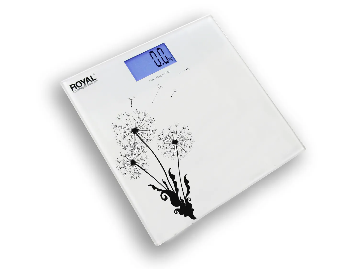 Báscula digital de baño Royal Consumer BP001 en cristal templado color blanco con pantalla LCD encendida.