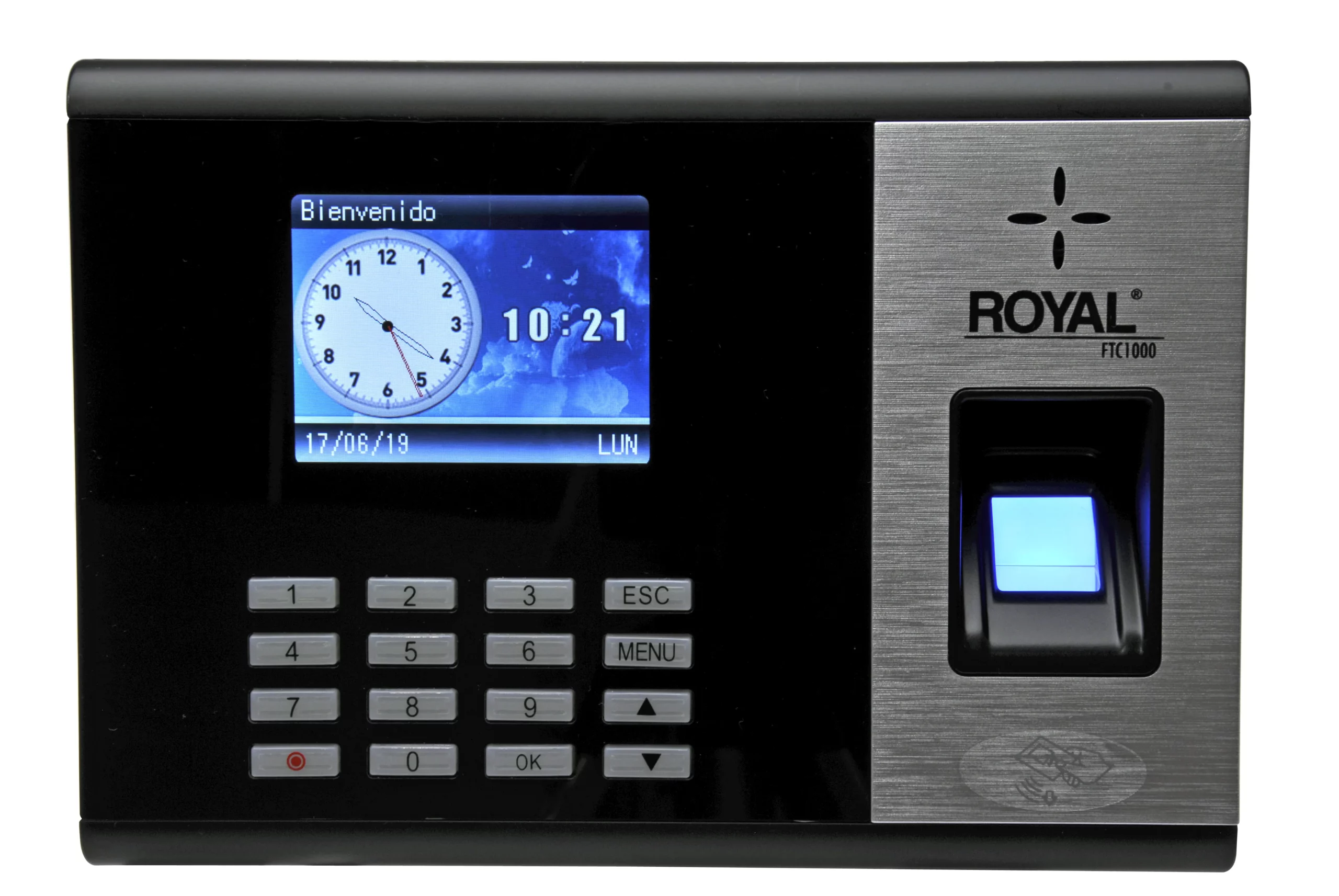 reloj checador royal ftc1000 con pantalla táctil y lector de huella en un entorno de oficina