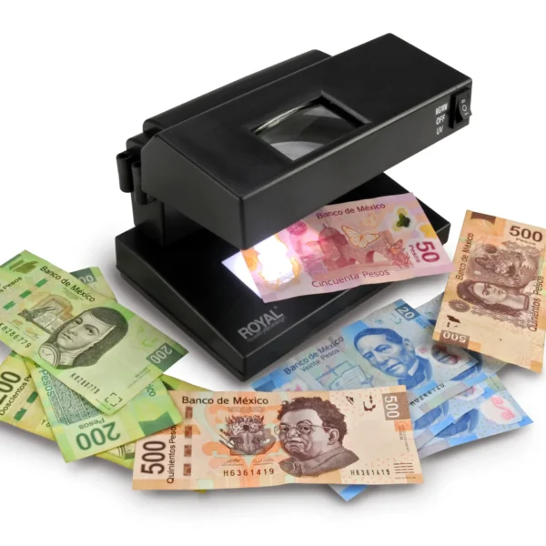 Detector de billetes falsos Royal Consumer UV1 con lámpara ultravioleta y sensor magnético para seguridad en punto de venta.