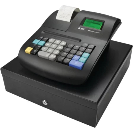 Caja registradora Royal Consumer 240DX con cajón abierto, teclado antimicrobiano y pantalla para el cliente.