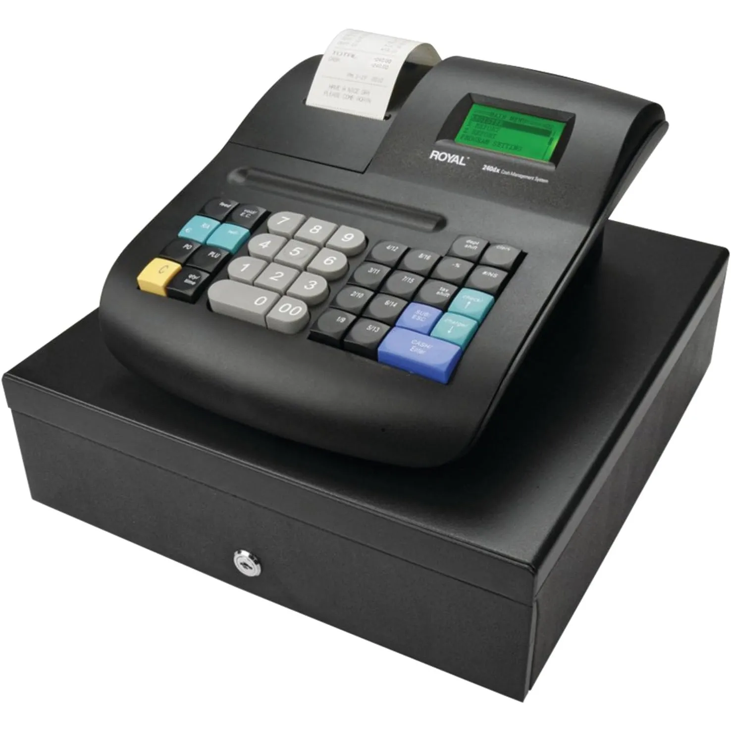 Caja registradora Royal Consumer 240DX con cajón abierto, teclado antimicrobiano y pantalla para el cliente.