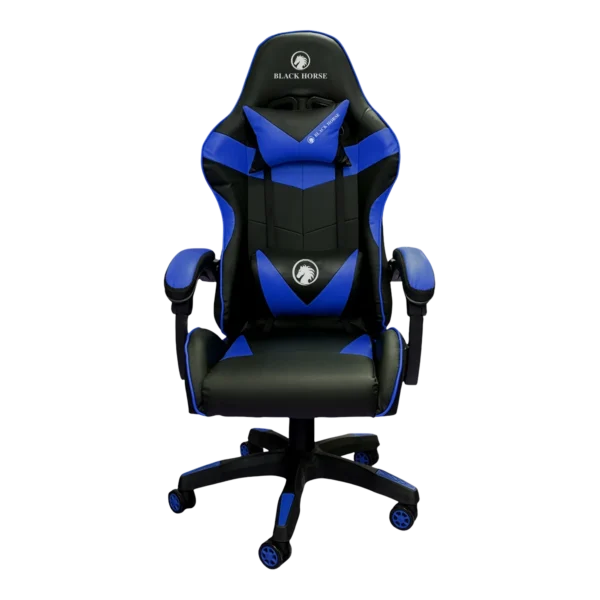 Silla gamer ergonómica BlackHorse BHGC350 en color azul, con vista frontal mostrando su diseño y reposabrazos.