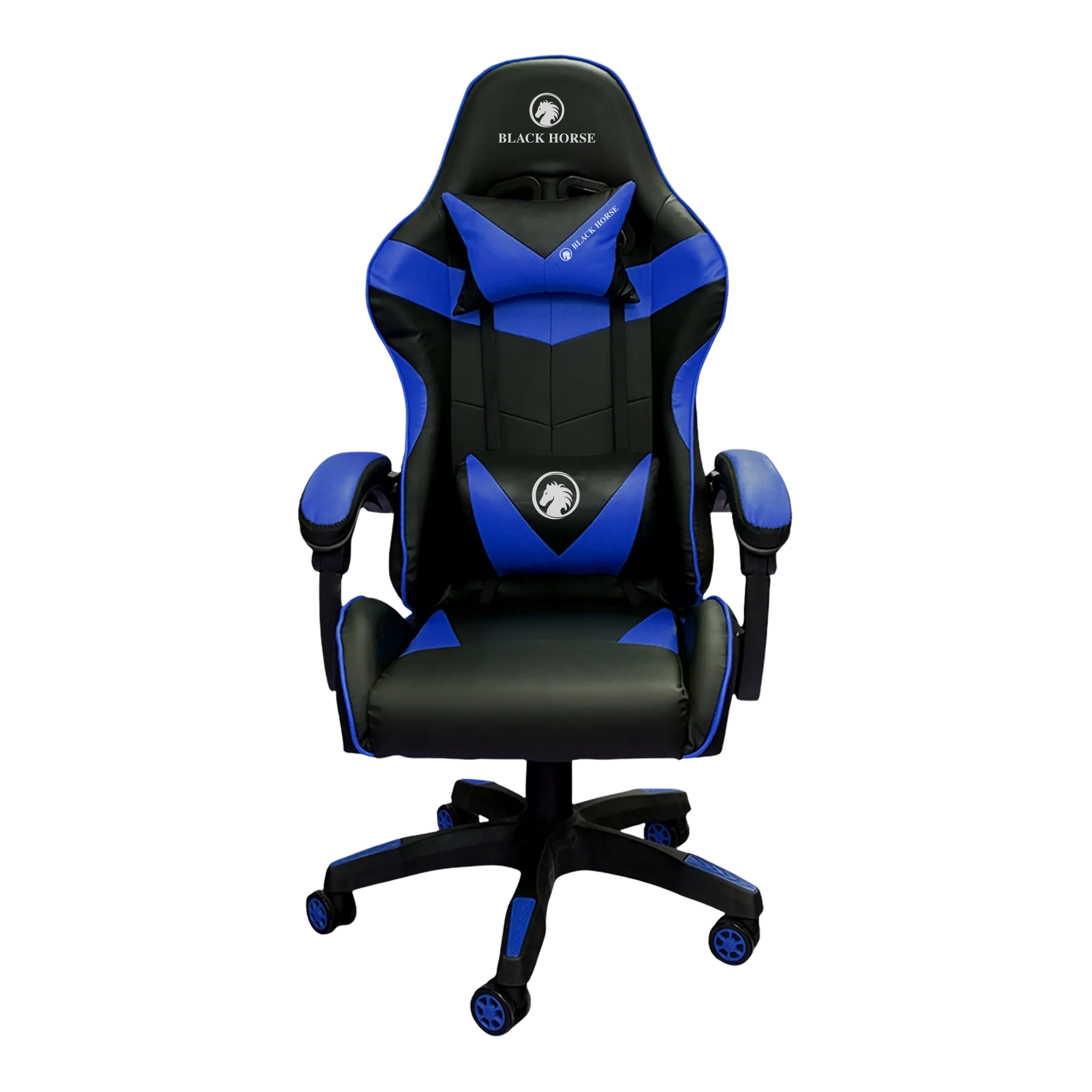 Silla gamer ergonómica BlackHorse BHGC350 en color azul, con vista frontal mostrando su diseño y reposabrazos.