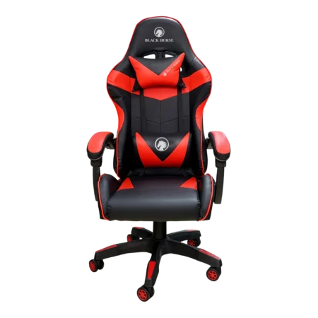 Silla gamer ergonómica BlackHorse BHGC350 en color rojo, con vista frontal mostrando su diseño y reposabrazos.