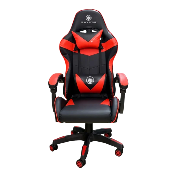 Silla gamer ergonómica BlackHorse BHGC350 en color rojo, con vista frontal mostrando su diseño y reposabrazos.