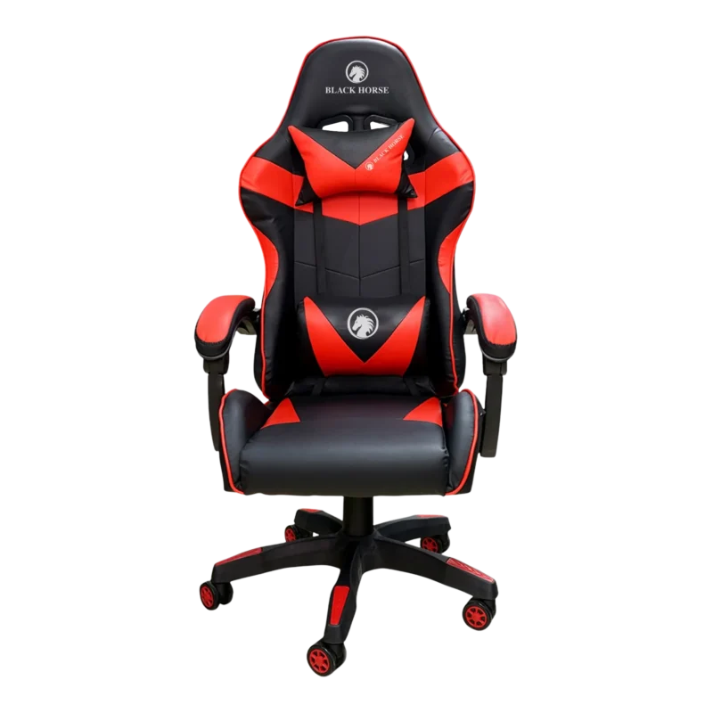 Silla gamer ergonómica BlackHorse BHGC350 en color rojo, con vista frontal mostrando su diseño y reposabrazos.