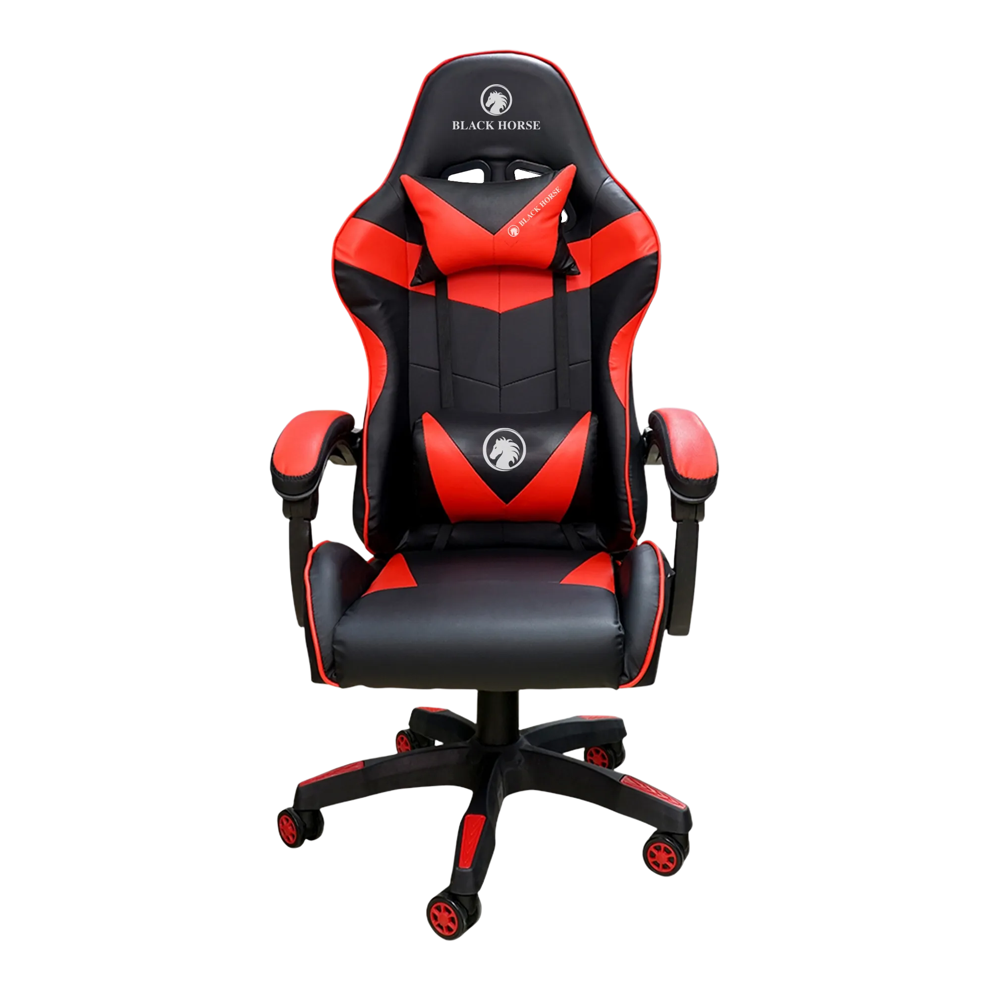 Silla gamer ergonómica BlackHorse BHGC350 en color rojo, con vista frontal mostrando su diseño y reposabrazos.