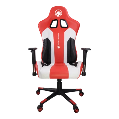 Silla gamer profesional BlackHorse BHGC420 roja, con cojines lumbar y cervical, mostrando su base de aluminio y diseño ergonómico.