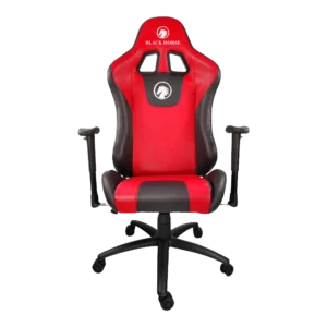 Silla gamer Pro BlackHorse BHGC450 en color rojo, con cojines de soporte lumbar y cervical, vista de tres cuartos.