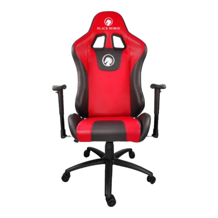 Silla gamer Pro BlackHorse BHGC450 en color rojo, con cojines de soporte lumbar y cervical, vista de tres cuartos.