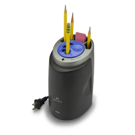 Royal P70 afilador eléctrico robusto para escritorio. Afilado rápido con indicador de punta. Peso 1,2 kg; dimensiones ~ 20 × 15 × 15 cm.