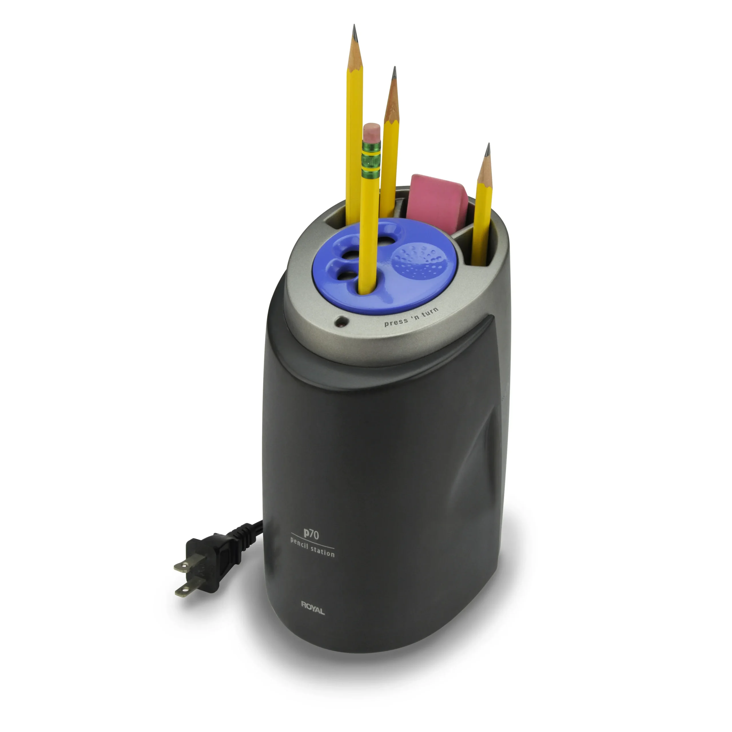 Royal P70 afilador eléctrico robusto para escritorio. Afilado rápido con indicador de punta. Peso 1,2 kg; dimensiones ~ 20 × 15 × 15 cm.