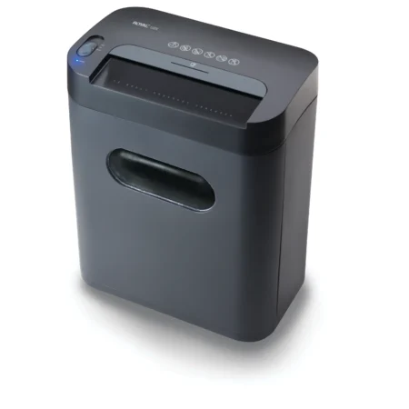 Royal Consumer 100X trituradora de papel vertical corte cruzado, 10 hojas, destruye tarjetas y CDs, cesta con ventana, peso 7,23 kg, dimensiones 26,2×36,8×47 cm.