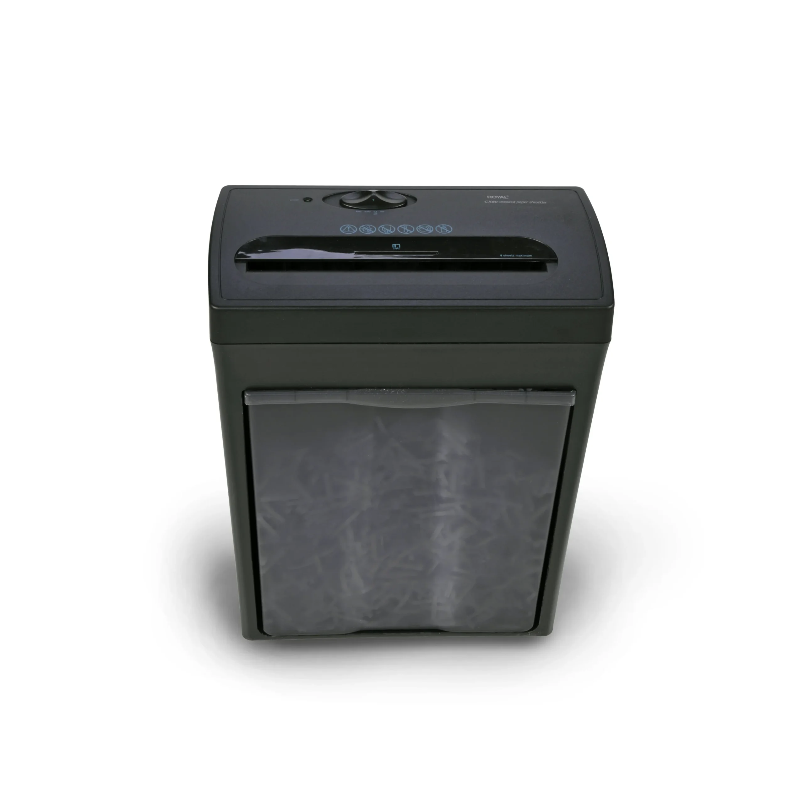 Royal Consumer CX80 trituradora de papel corte cruzado, 8 hojas, compacta. Peso 3,79 kg; dimensiones 36,8×30,5×16,5 cm.