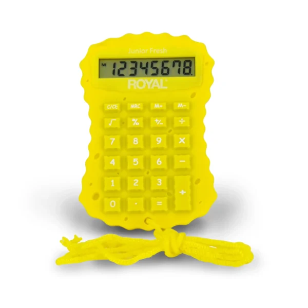 Calculadora escolar Royal Consumer Junior Fresh en color vibrante con pantalla LCD de 8 dígitos y botones grandes.