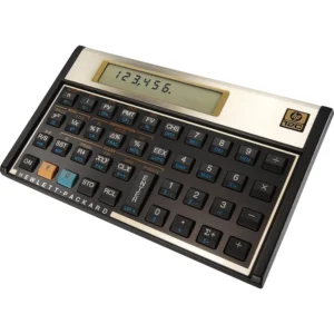 Calculadora financiera profesional HP 12C con diseño clásico dorado y negro en formato horizontal.
