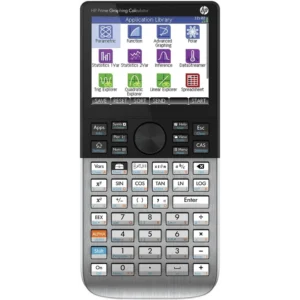 Calculadora graficadora HP Prime G2 con pantalla táctil a color mostrando una gráfica 3D y cuerpo metálico.