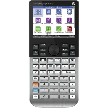 Calculadora graficadora HP Prime G2 con pantalla táctil a color mostrando una gráfica 3D y cuerpo metálico.