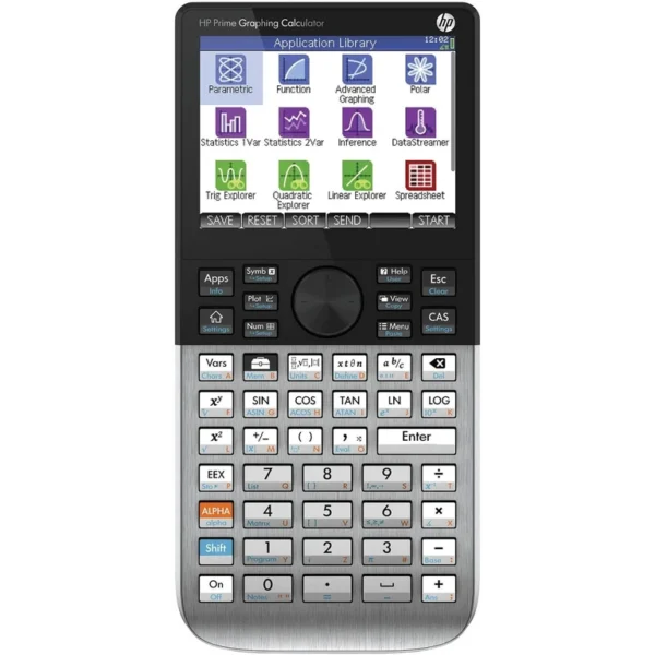 Calculadora graficadora HP Prime G2 con pantalla táctil a color mostrando una gráfica 3D y cuerpo metálico.