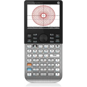 Calculadora graficadora HP Prime G2 con pantalla táctil a color mostrando una gráfica 3D y cuerpo metálico.