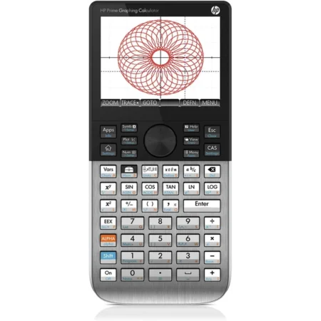 Calculadora graficadora HP Prime G2 con pantalla táctil a color mostrando una gráfica 3D y cuerpo metálico.