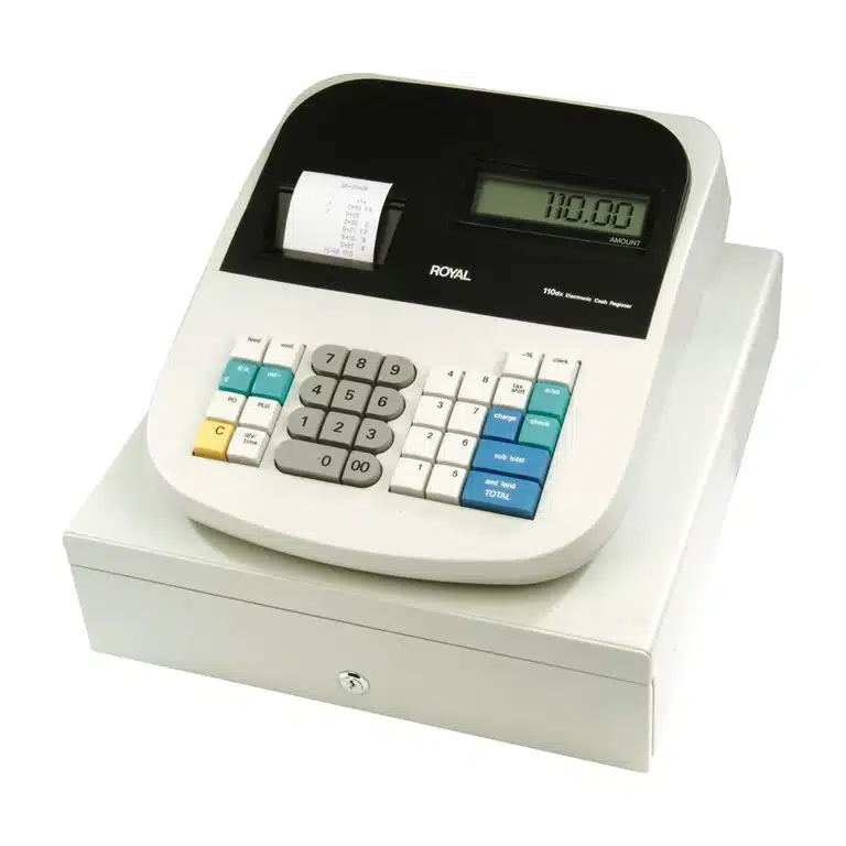 Caja registradora compacta Royal Consumer 110Plus color negro para micro-negocios y quioscos.