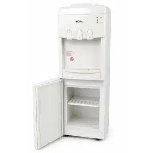 Dispensador de agua blanco Royal Aqua Master de piso con gabinete de almacenamiento inferior y tres botones dispensadores.