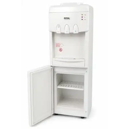 Dispensador de agua blanco Royal Aqua Master de piso con gabinete de almacenamiento inferior y tres botones dispensadores.