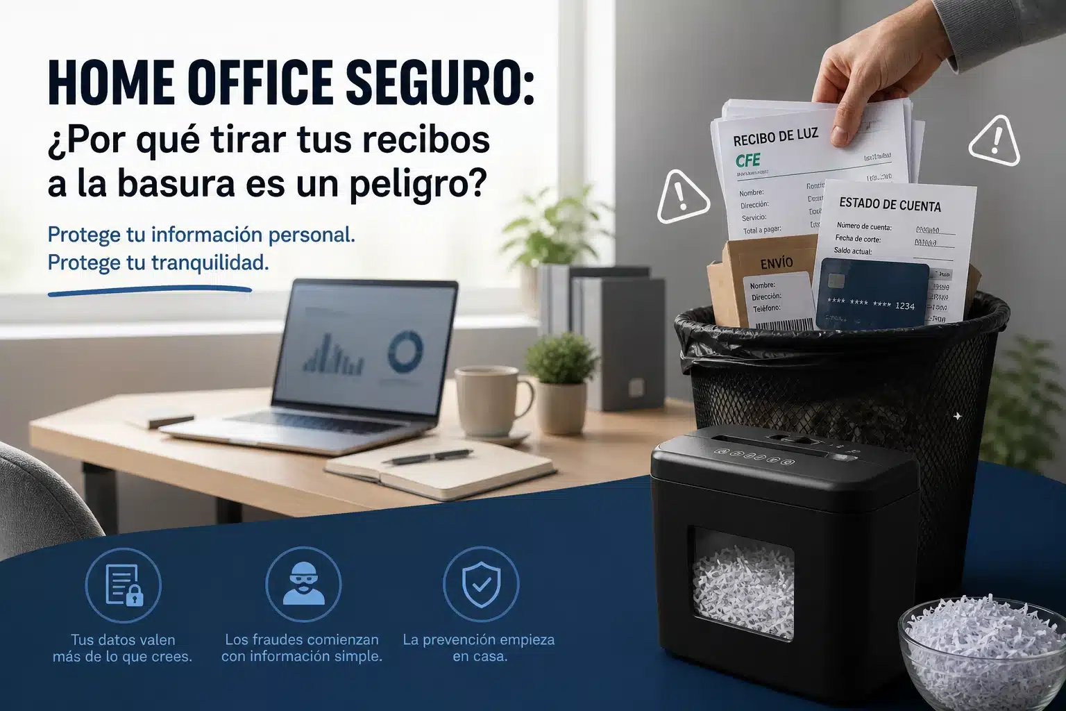 Descubre los peligros de tirar tus recibos de luz y estados de cuenta a la basura. Protege tu identidad con una trituradora de papel pequeña y estética para tu casa.
