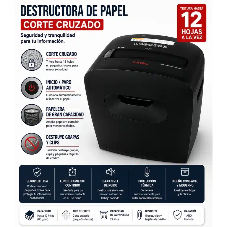 Royal Consumer CX112X: Trituradora de Papel de Corte Cruzado (12 Hojas) con Destrucción de Tarjetas - Imagen 3