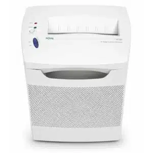 Trituradora de papel blanca Royal HT100 de corte cruzado con capacidad de 10 hojas triturando un informe confidencial en una oficina moderna.