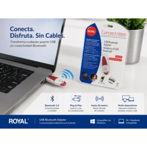 Adaptador USB Bluetooth Royal Connect-ables color rojo y blanco conectado a una laptop gris para sincronización de dispositivos inalámbricos.