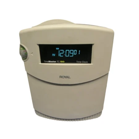 Reloj checador electrónico Royal TimeMaster TC100 color beige claro con pantalla digital y sistema de carga superior para tarjetas de asistencia.