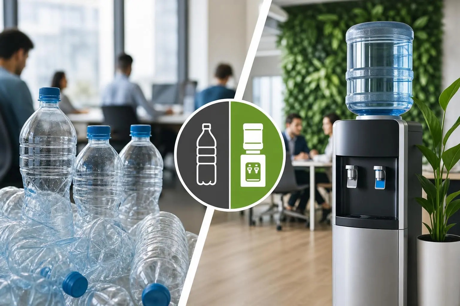 Comparativa entre botellas de plástico y dispensador de agua para una oficina ecológica
