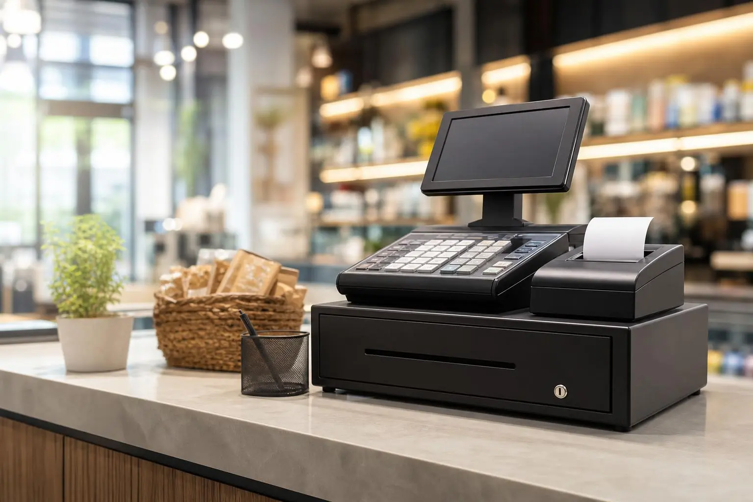 Caja registradora moderna en mostrador de tienda para realizar cobros profesionales y generar confianza