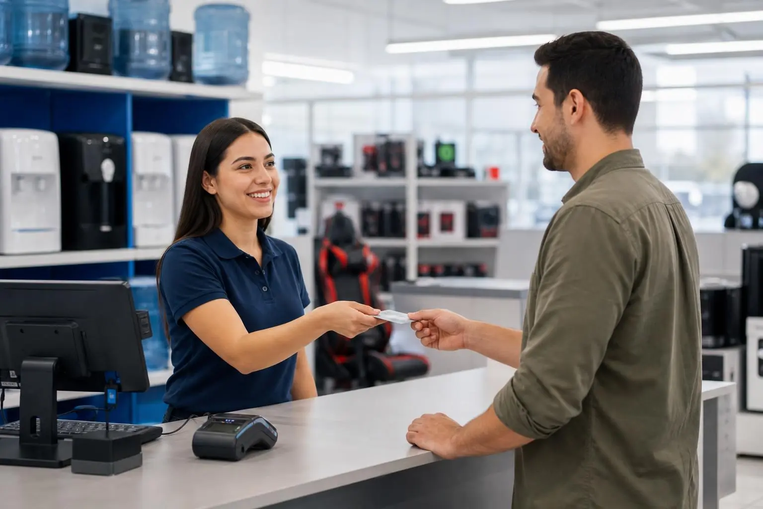 Mostrador de tienda equipado para realizar cobros con una imagen comercial profesional