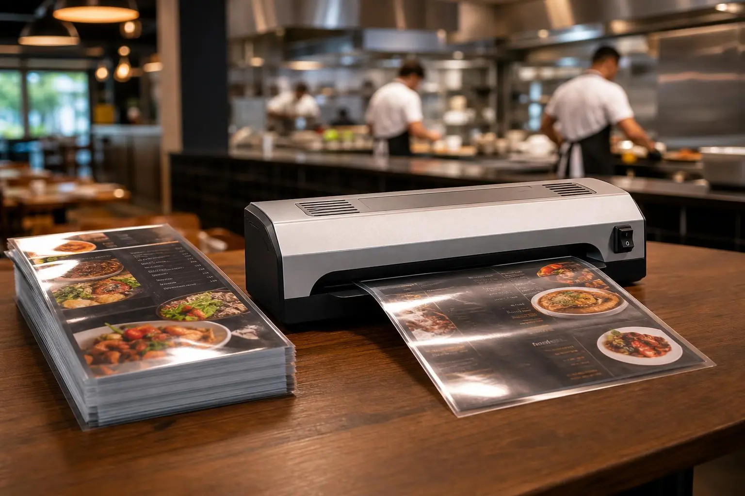 Laminadora para restaurante junto a menús, listas de precios y señalización gastronómica protegidos