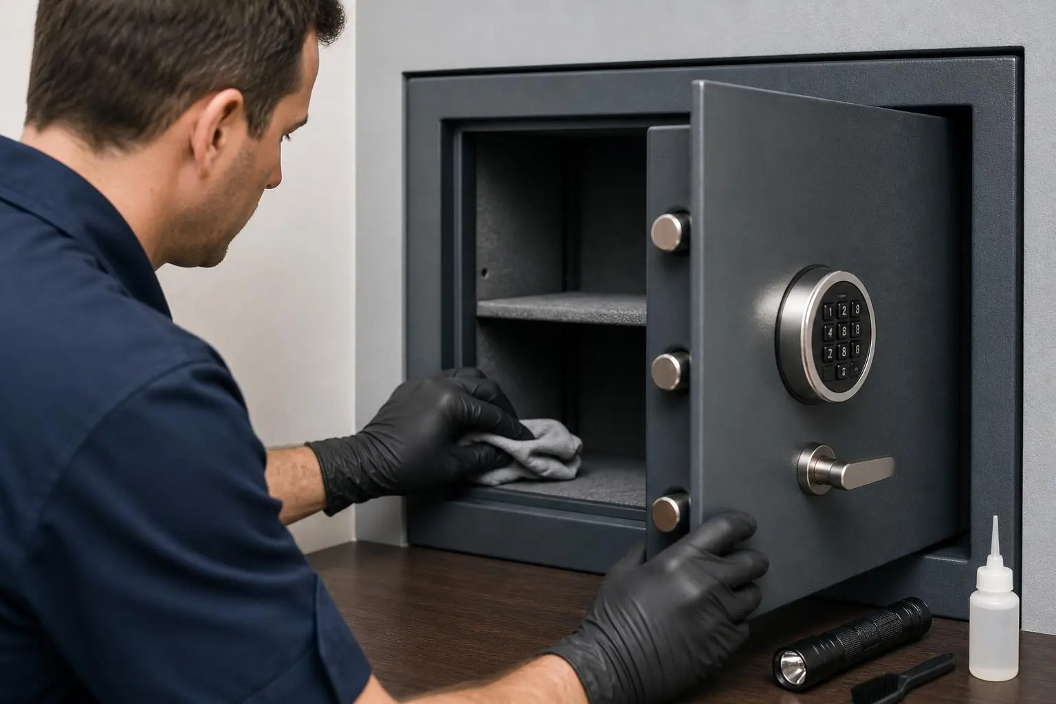 Caja de seguridad durante un protocolo de mantenimiento preventivo y revisión de sus componentes