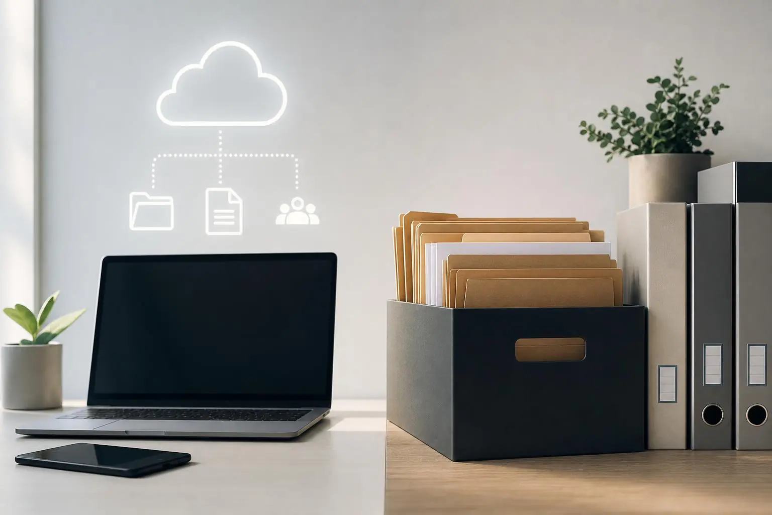 Espacio de trabajo minimalista con documentos físicos protegidos y tecnología de oficina
