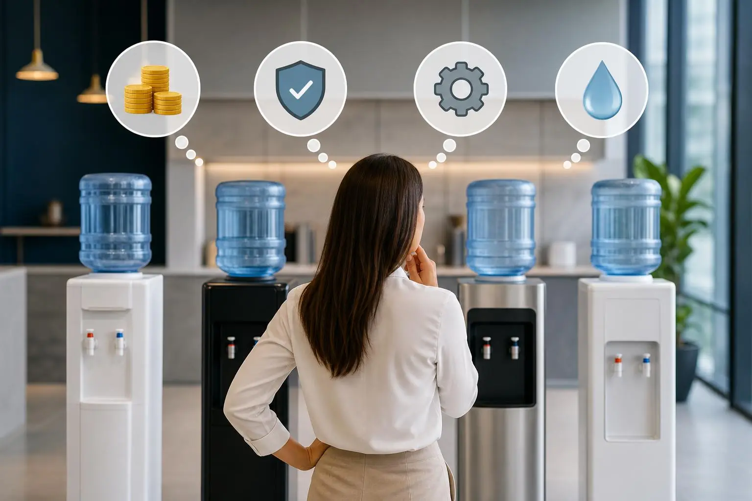 Dispensador de agua para negocio en un espacio comercial, ideal para analizar mitos de compra