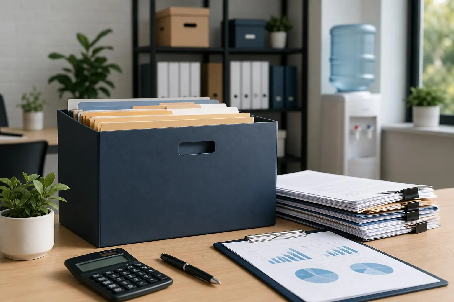 Documentos organizados y caja de seguridad para gestionar efectivo en una PyME mexicana