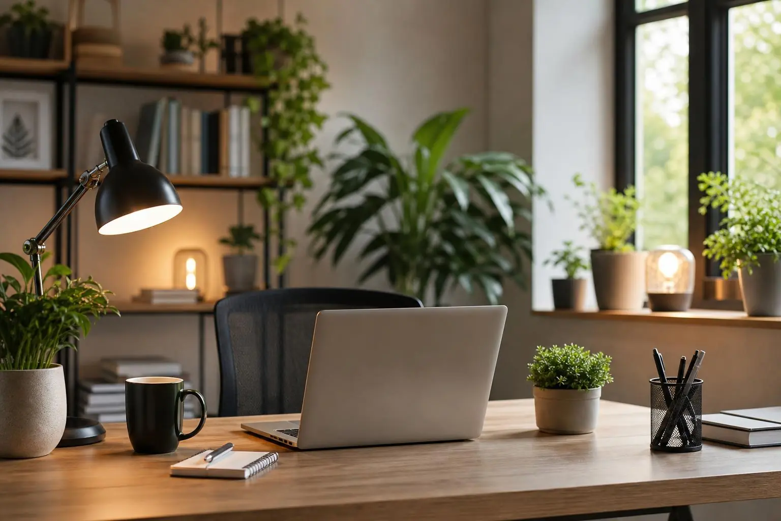 Espacio de home office con computadora y hábitos para ahorrar luz durante la jornada laboral