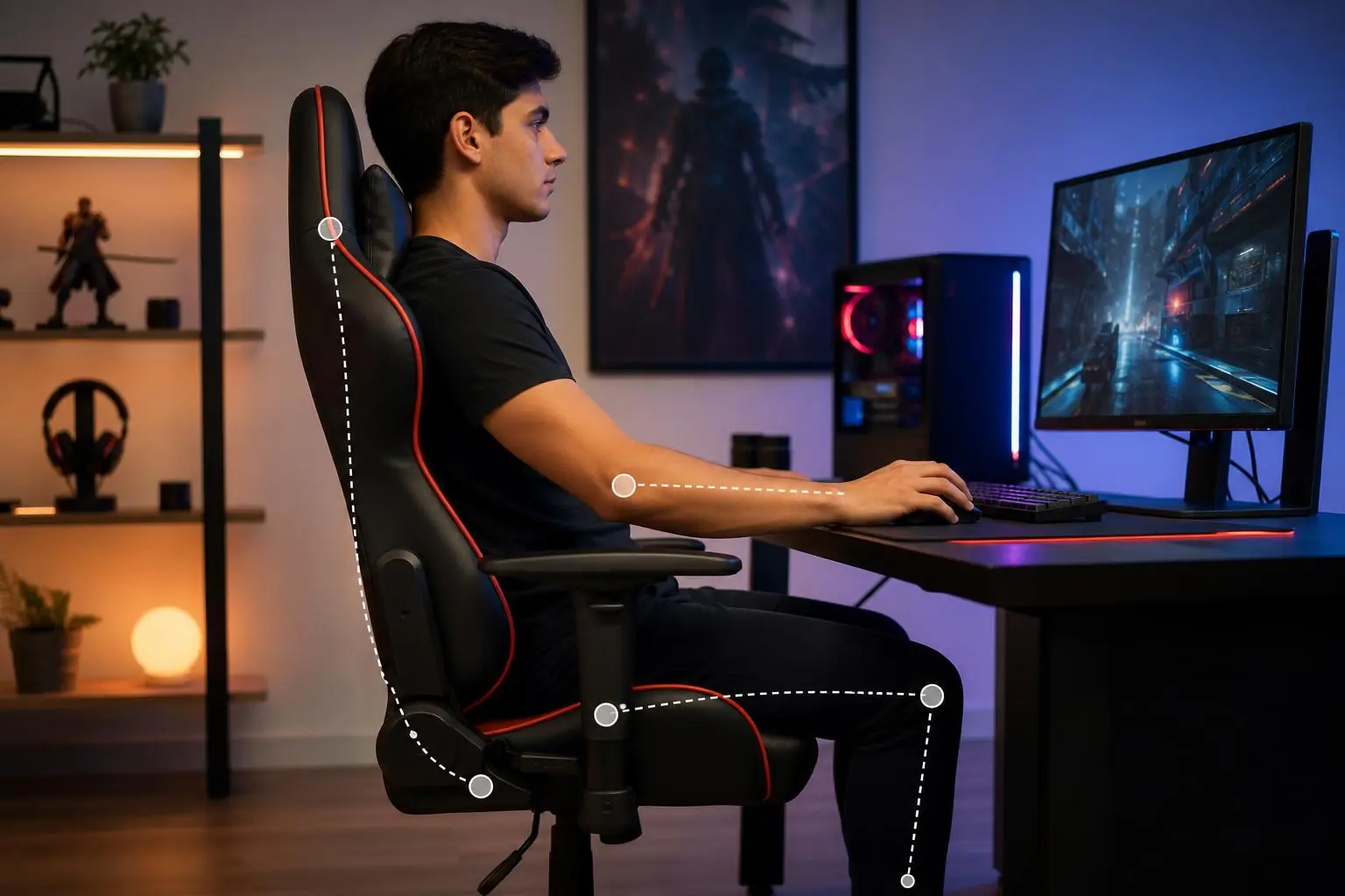 Persona ajustando una silla gamer para jugar con mayor comodidad y mantener una postura adecuada