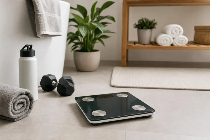 Báscula de baño digital sobre un piso de baño, ideal para dar seguimiento al bienestar en casa