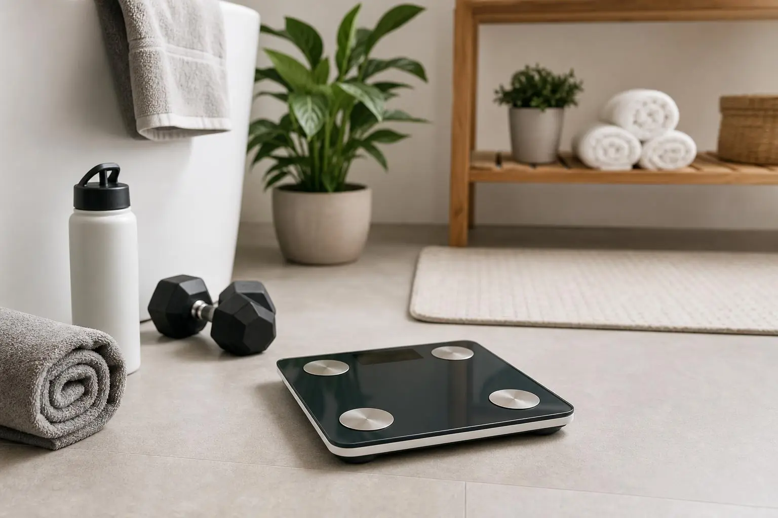 Báscula de baño digital sobre un piso de baño, ideal para dar seguimiento al bienestar en casa