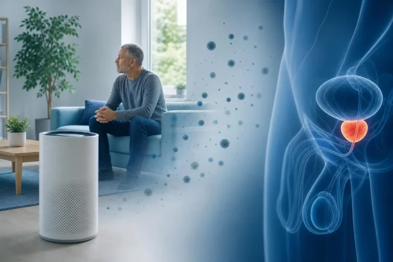 Hombre en casa junto a un purificador de aire, relacionado con cáncer de próstata y aire interior