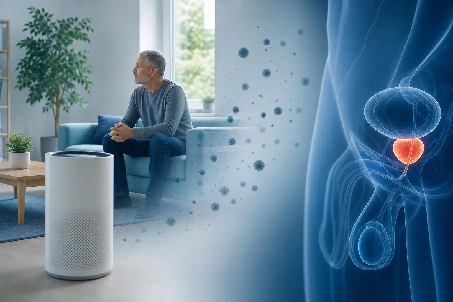 Hombre en casa junto a un purificador de aire, relacionado con cáncer de próstata y aire interior