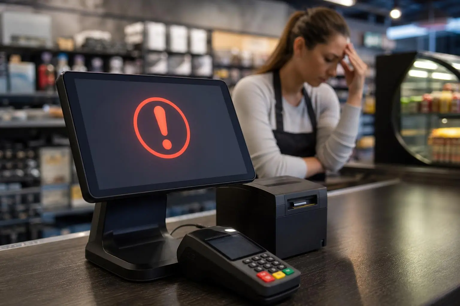 Terminal POS sin conexión a internet durante una operación de venta en un negocio